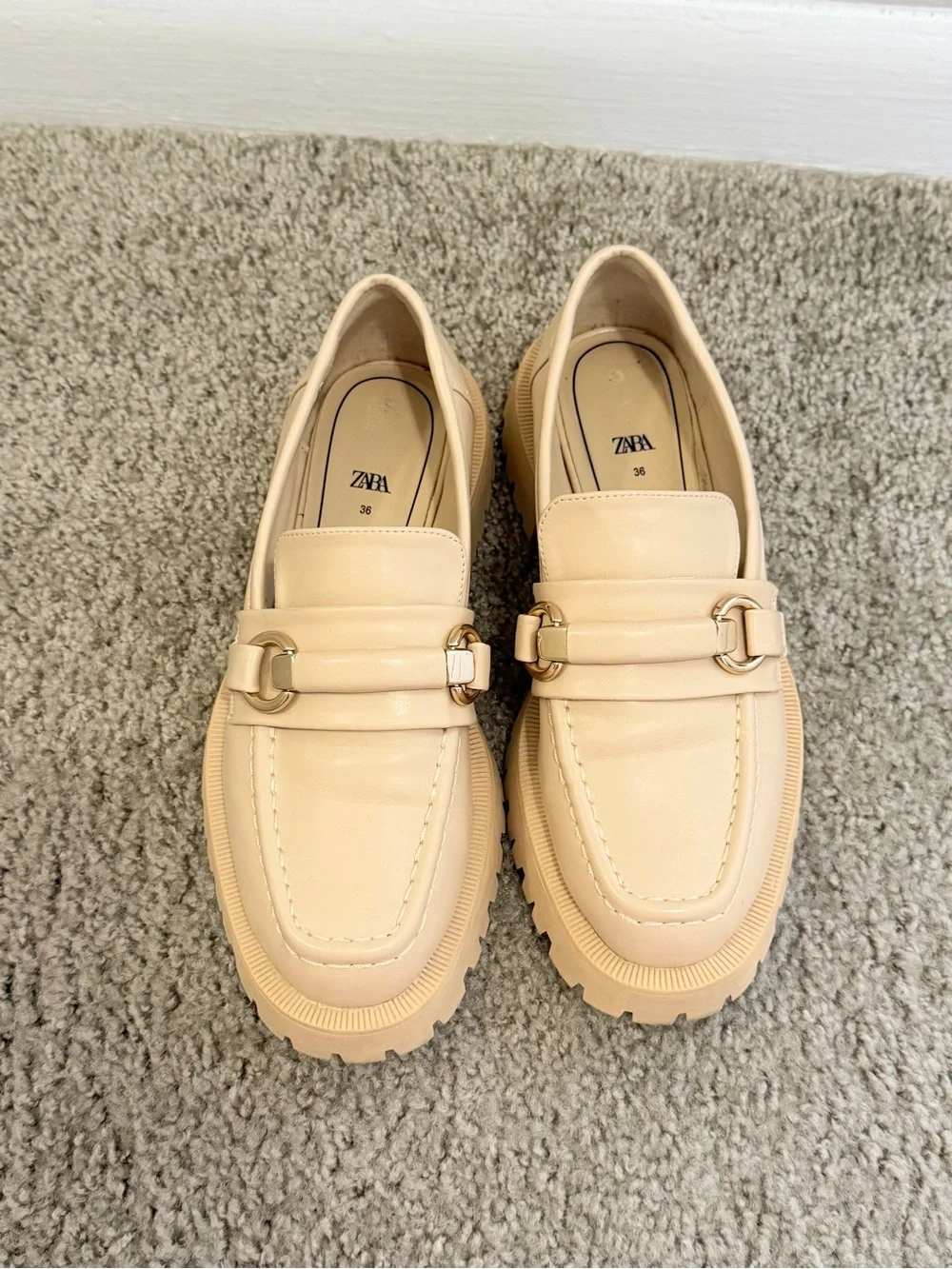 Zara Cream Chunky Lug Loafers with Metal Buckle
